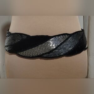 ​VTG Rue de Calais Beaded Silk Satin Statement Belt | Black & Silver